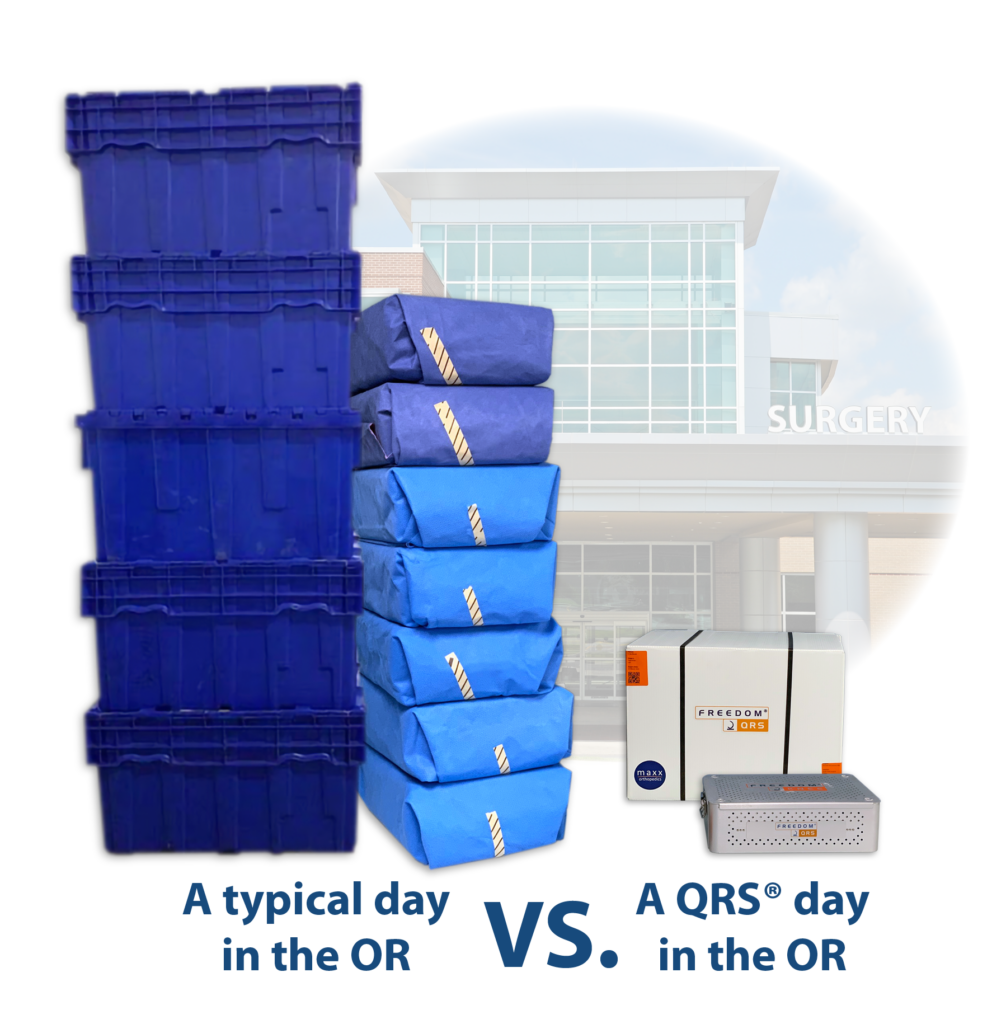A comparison between a typical in the OR with a large stack of trays vs a QRS day in the OR.