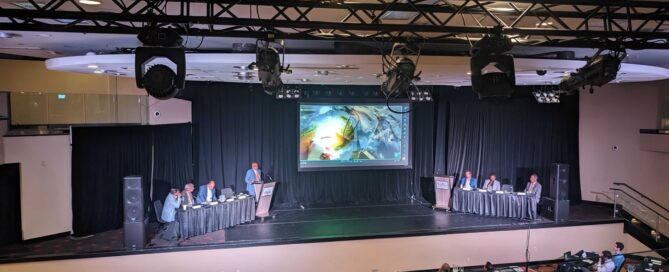 A room of orthopedic professionals watch a presentation discussing innovative orthopedic solutions on a large stage.